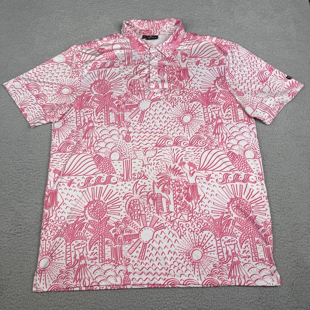 Yatta Golf Shirt Men XL Pink White Shaka Life Performance Golf Tropical Hawaiian